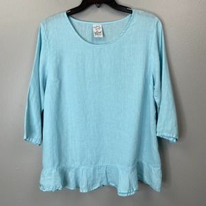 Match Point Womens Blouse Blue 3/4 Sleeve Scoop Neck Ruffles Linen USA Small